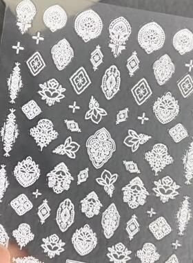 复古白色花纹立体浮雕美甲贴纸