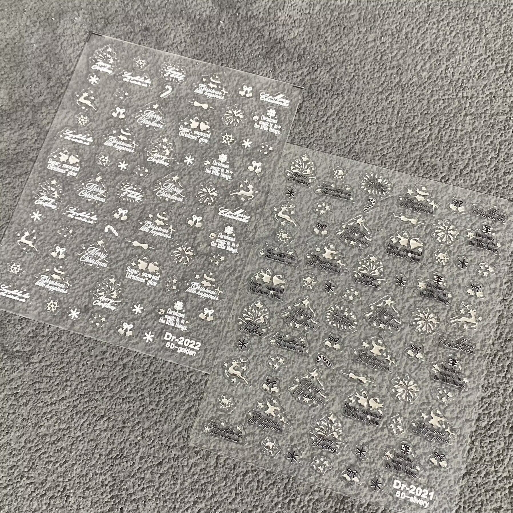 新款金银圣诞树麋鹿浮雕美甲贴纸圣诞英文字母防水背胶指甲装饰贴