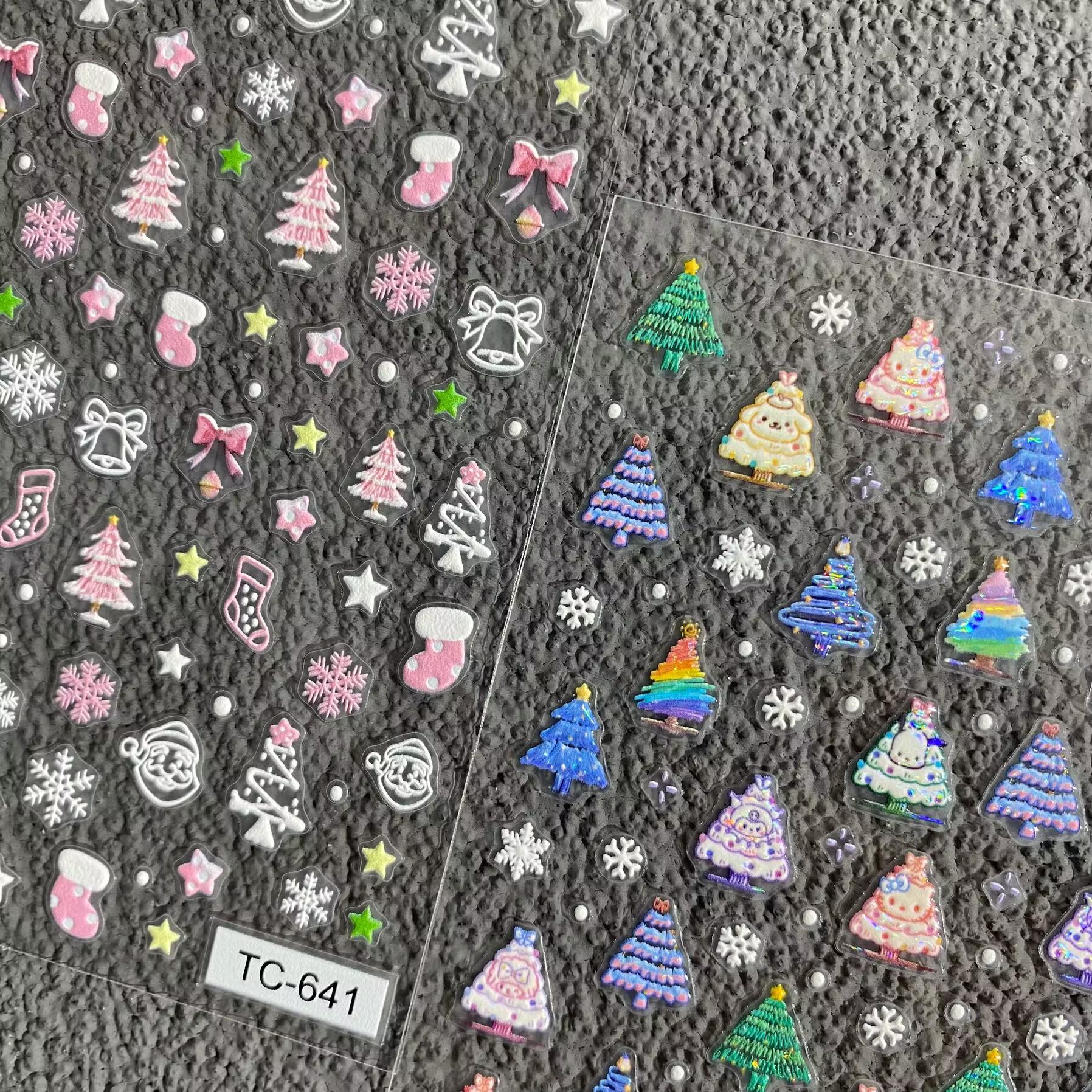 粉色幻彩圣诞树浮雕美甲贴纸彩色圣诞袜子雪花手机壳diy指甲ccd贴