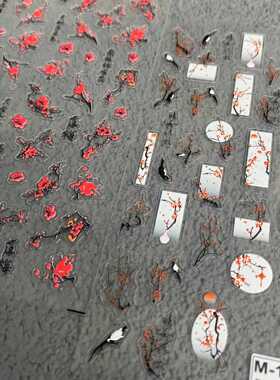 红色新中式冬雪梅花指甲贴饰品