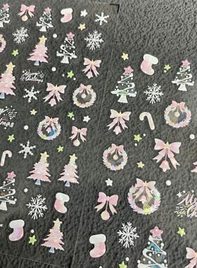 粉色贝壳光圣诞树浮雕美甲贴纸梦幻圣诞袜子雪花创意diy装饰贴