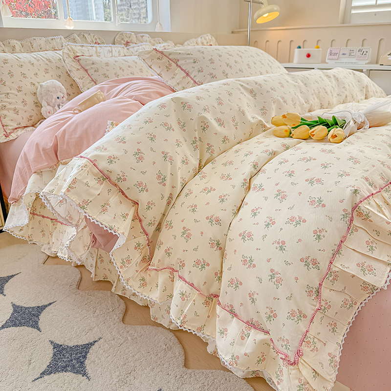 新款全棉韩版花边印花床单四件套公主风纯棉清新被套床上用品套件