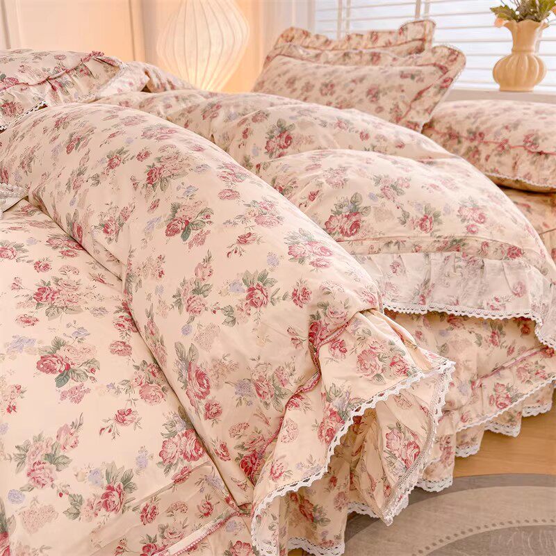 新款全棉床裙四件套花边简约风单双人床单床套1.8m纯棉床罩款套件