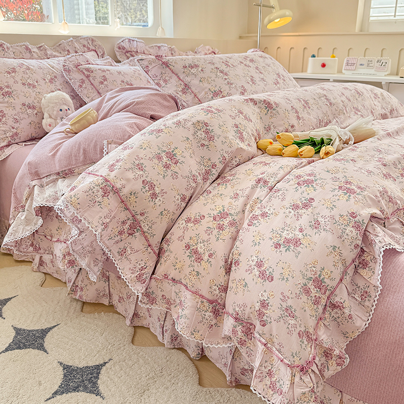 韩版公主风小碎花全棉四件套纯棉花边被套花边床单套件床上用品夏