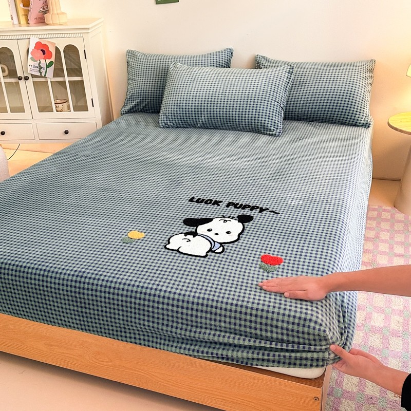 冬款加厚牛奶绒毛巾绣床单床笠单件纯色卡通席梦思保护套被套套件