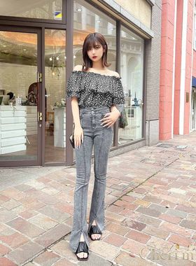 初原家女士高弹可爱高腰中线开叉紧身微喇牛仔长裤修身rady旗下