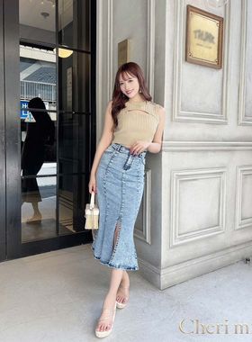 初原家女士雪花秀可爱牛仔高弹鱼尾裙开叉包臀气质显瘦淑女rady