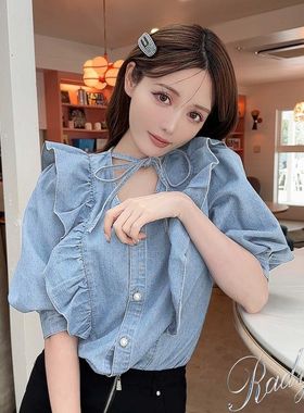 初原家 女士可爱衬衣系扣衬衫荷叶边系带上衣牛仔少女半袖rady