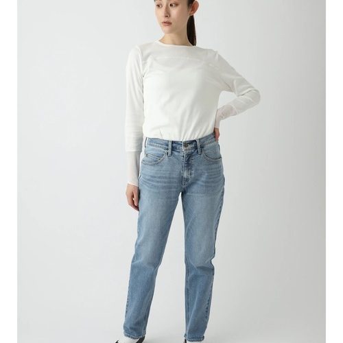 初原家日系女款牛仔直筒长裤女士小脚口春秋中弹高腰百搭舒适柔软