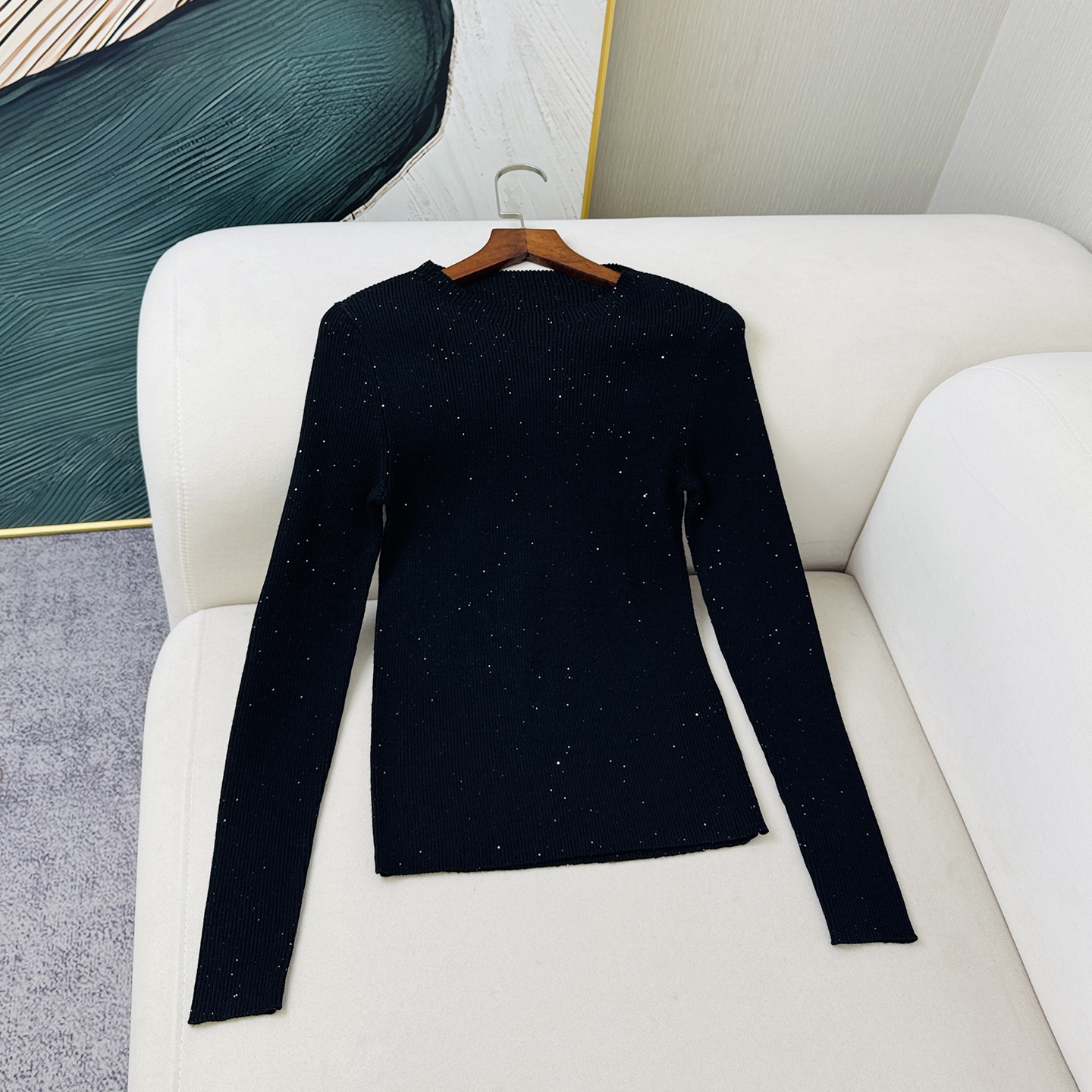 鸭毛南油女装黑色亮片百搭针织衫