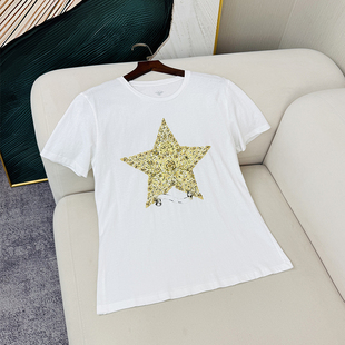 100%棉刺绣五角星印花圆领短袖 鸭毛高端女装 T恤宽松休闲百搭上衣