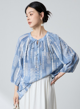 蓝色小衫女桑蚕丝真丝短袖T恤女夏新款显瘦宽松气质高端法式宽松