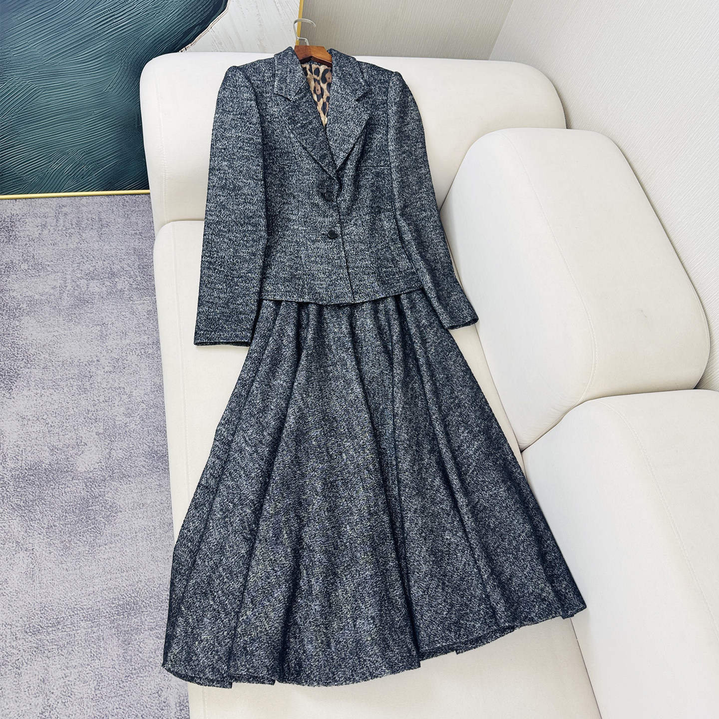 鸭毛南油女装法式优雅灰色单排扣西装外套大摆裙女秋冬高级感套装