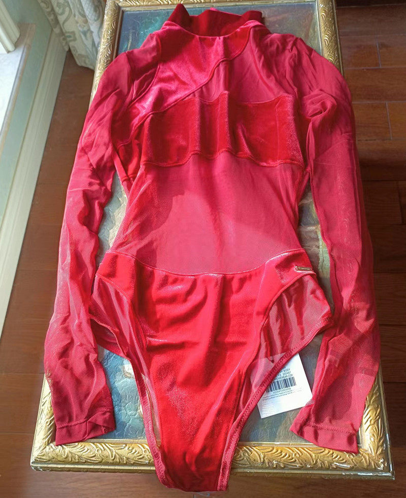 欧美女士丝绒网纱长袖性感连体衣裆部可打开适合下胸围707580