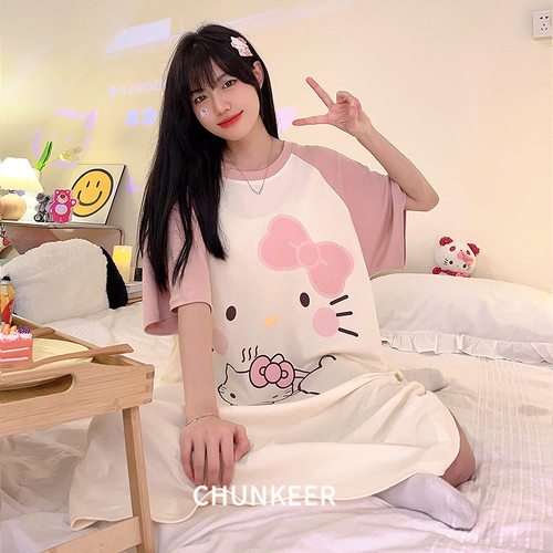 跨境直播睡衣套头短袖睡裙女夏季中长款裙子卡通可爱可外穿家居服