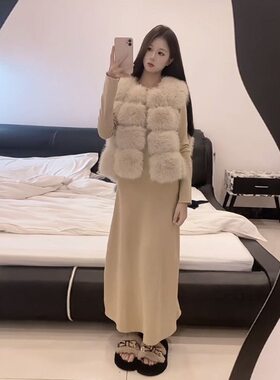 快手网红同款秋冬高级气质名媛连衣裙+毛绒绒马甲外套两件套装女