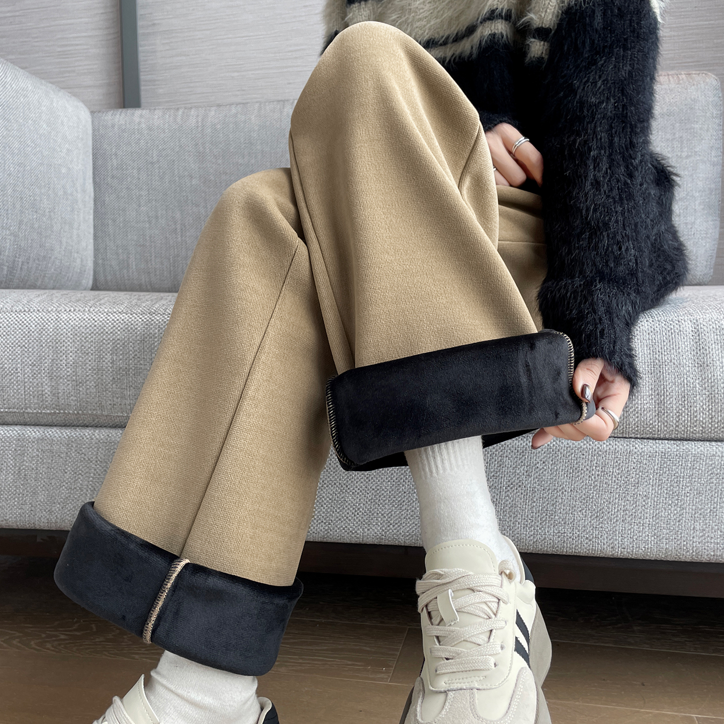 羊羔绒阔腿裤女秋冬季新款胖妹妹mm大码东北棉裤加绒加厚直筒裤子