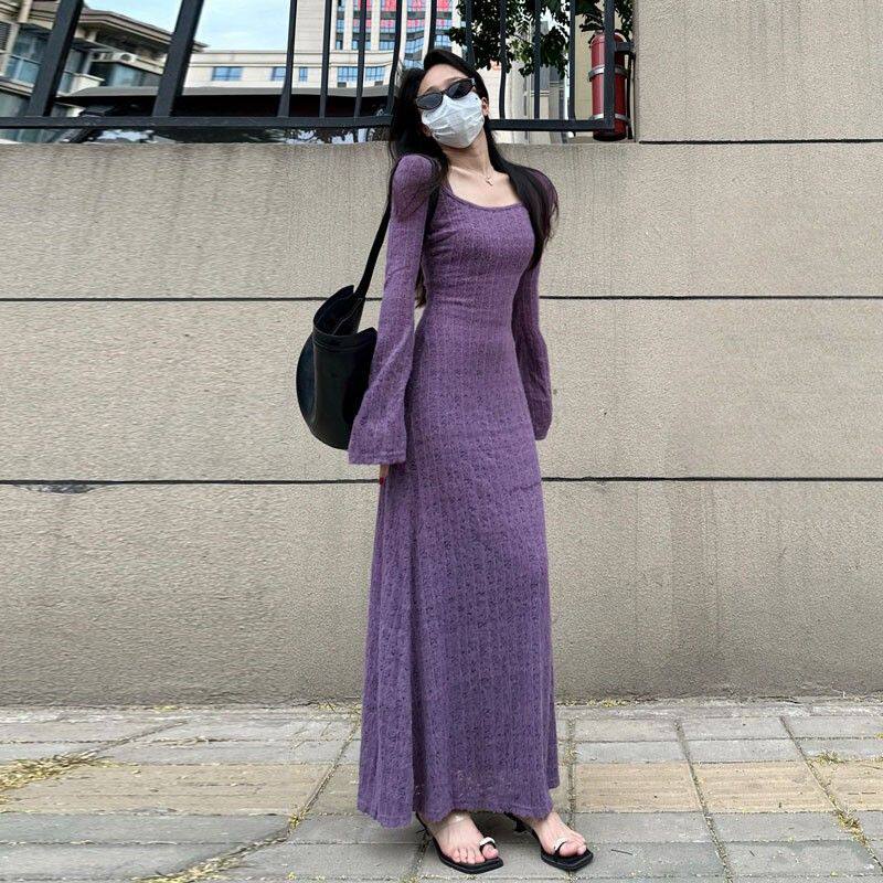 御姐纯欲鱼尾紫色连衣裙女秋冬季新款时尚气质收腰显瘦包臀长裙