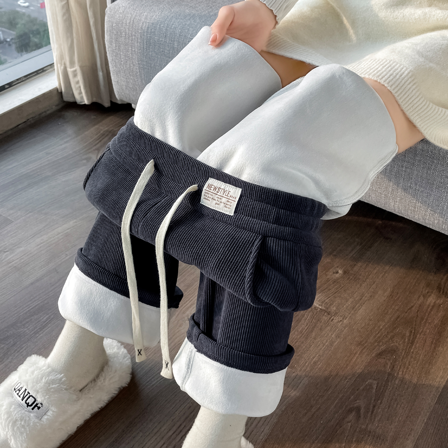 羊羔绒阔腿裤女秋冬季胖妹妹mm大码加厚韩版潮加绒灯芯条绒棉裤子