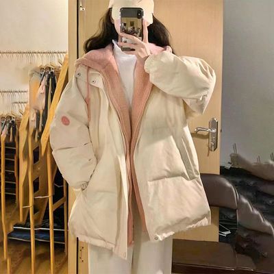羊羔毛拼接羽绒服女冬季2025新款韩系宽松假两件棉服女款加厚冬装
