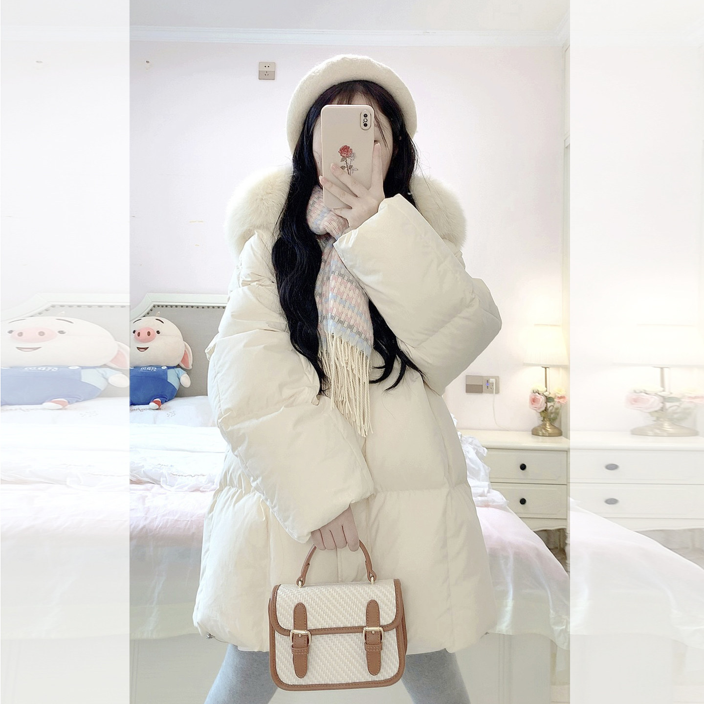 巨好看的粉色羽绒服女2025新款冬季中长款小个子保暖毛领棉服外套