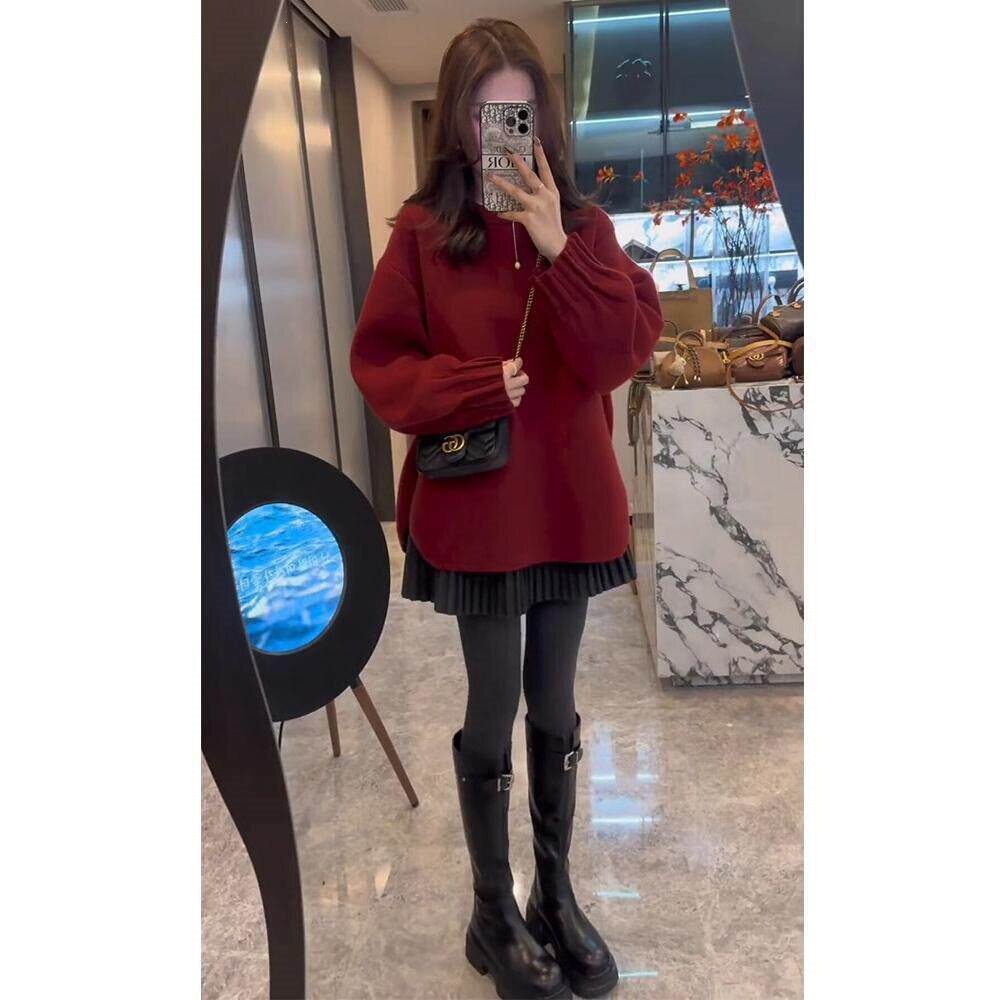 仙女时尚小个子绝美套装秋冬红色毛衣针织上衣针织半身短裙两件套