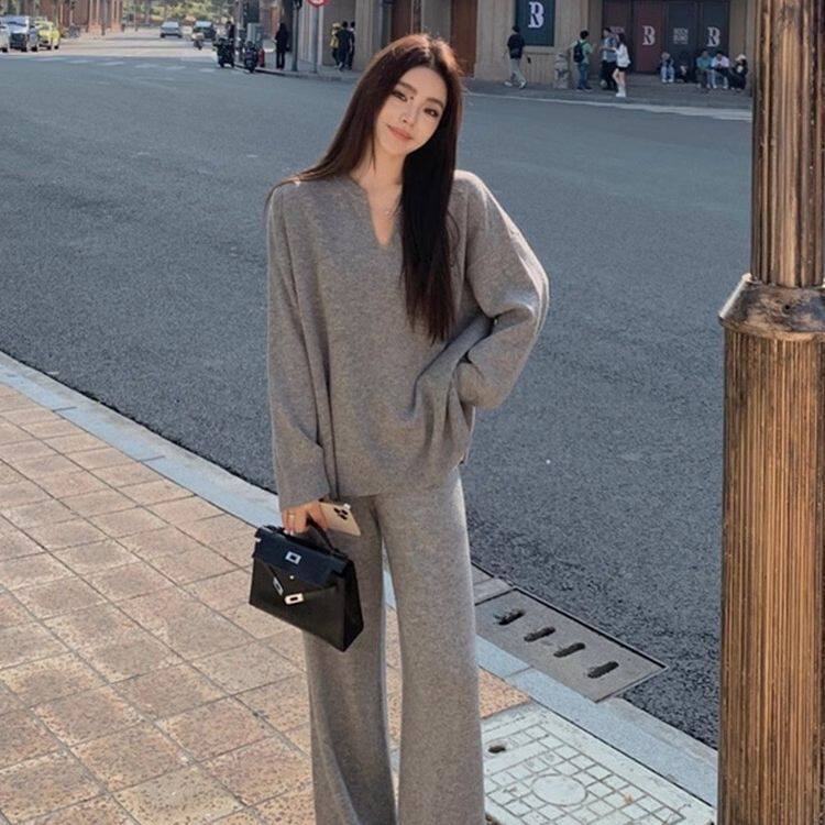 秋冬羊毛套装女V领针织阔腿裤羊绒衫宽松显瘦时尚两件套慵懒风ins