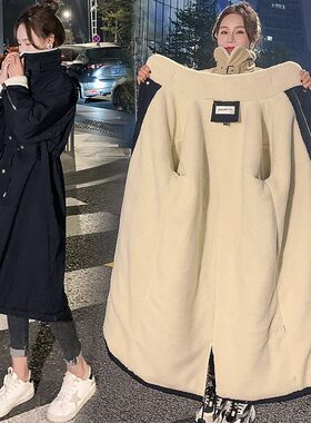 加绒加厚羊羔毛外套女2026冬季棉服中长款过膝韩版宽松棉袄派克服