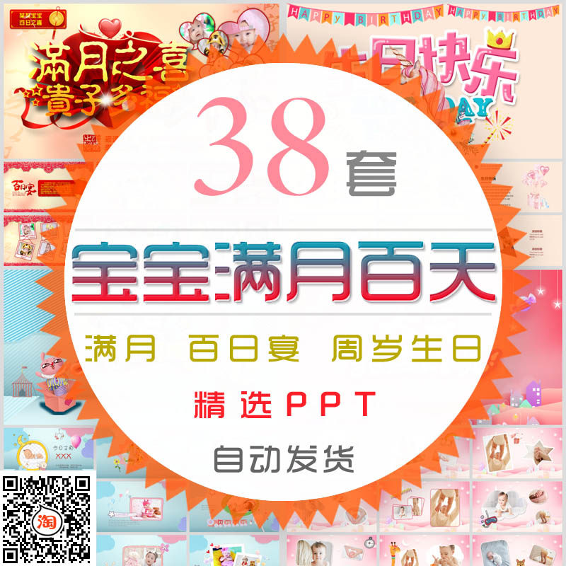 卡通婴儿满月周岁生日快乐ppt模板宝宝百日宴百天成长电子相册wps