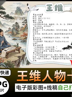 诗人诗佛王维介绍人物卡手抄报图片电子小报素材黑白线稿展板海报