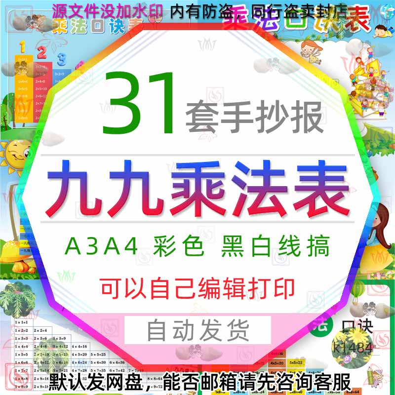 小学乘法手抄报电子版模板99九九乘法口诀表数学电子小报黑白线稿