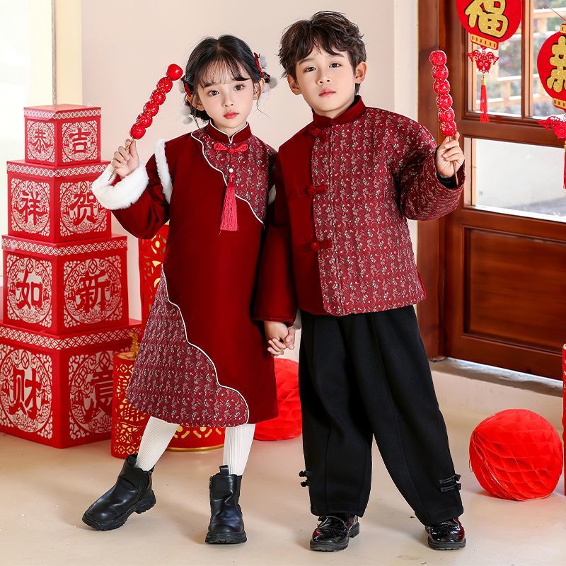 男童拜年服女童喜庆汉服冬装儿童过年服中式国风宝宝新款旗袍唐装