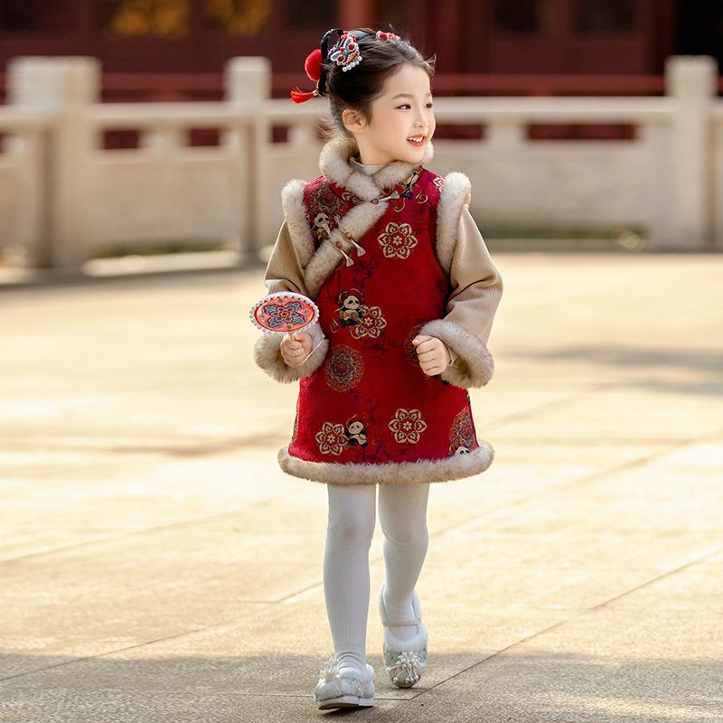 儿童唐装国风2025喜庆新年女童加绒加厚拜年服亮丝连衣裙宝宝冬装