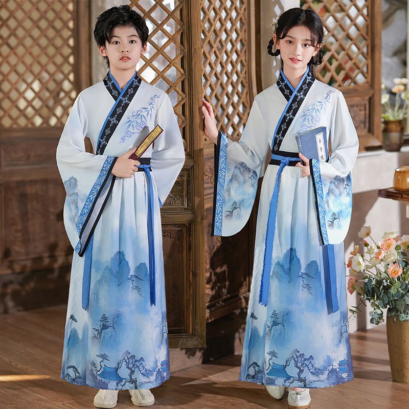 元旦儿童国风汉服男古装女书童中国风幼儿园毕业照班服国学演出服