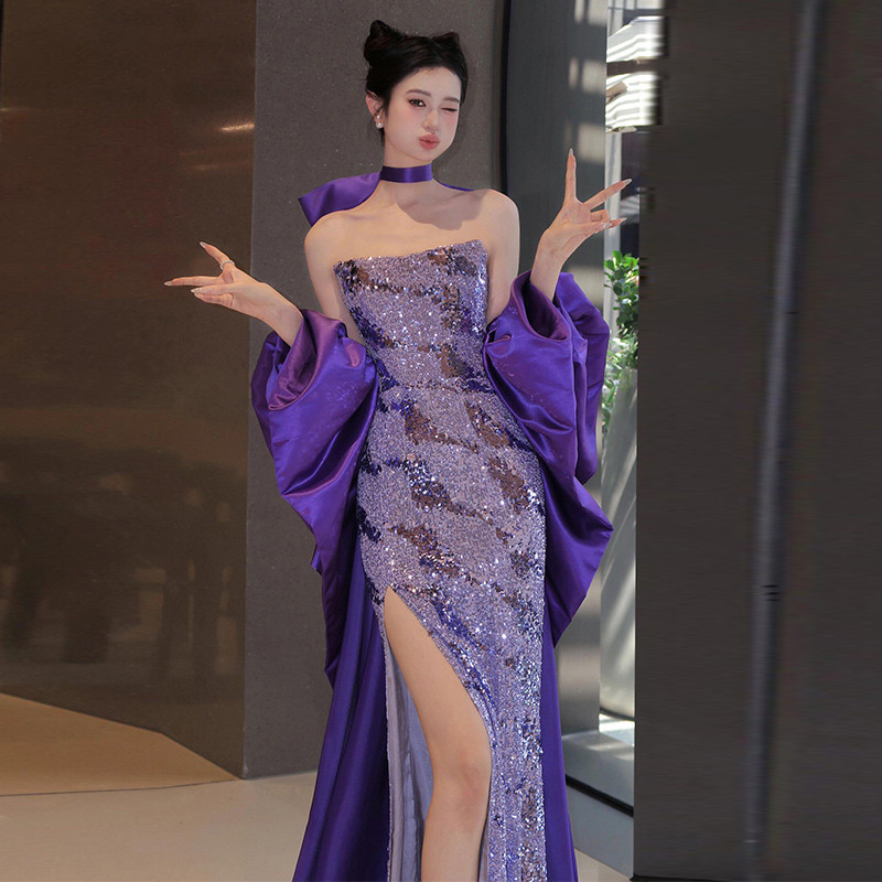 紫色名媛鱼尾晚礼服新娘敬酒服