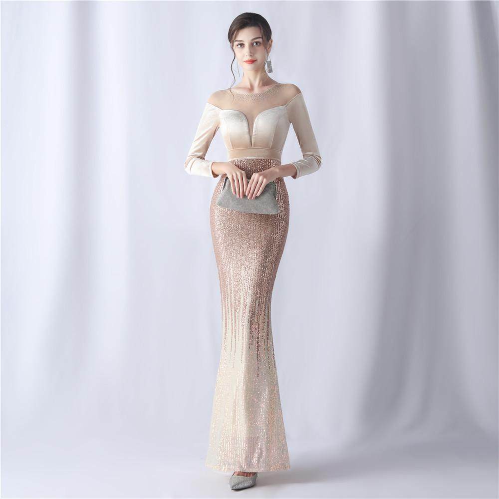 金色洋装宴会晚礼服女轻奢小众高端主持高级感气质名媛丝绒鱼尾裙