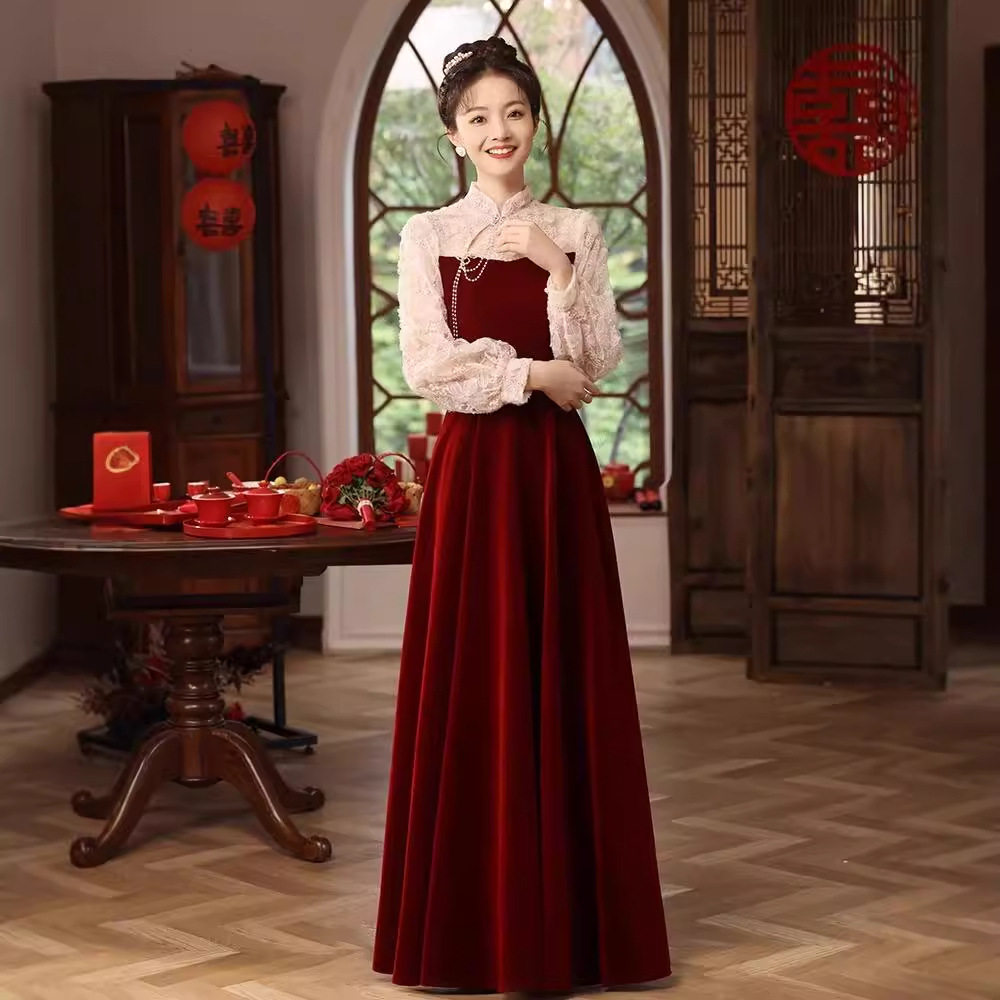 敬酒服新娘晚礼服裙女丝绒酒红色