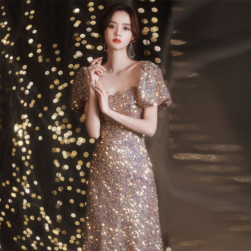 仙气亮片晚礼服女生日宴会轻奢小众气质名媛高端主持人演出礼服裙