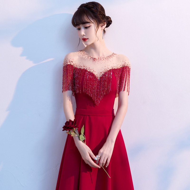 红色结婚晚礼服女气质名媛订婚服