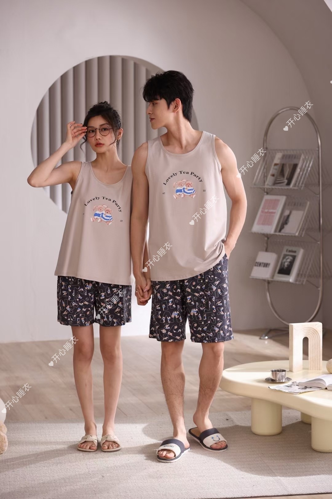 2023雅巧品牌夏季纯棉睡衣男女情侣款套头无袖短裤爽棉青年家居服
