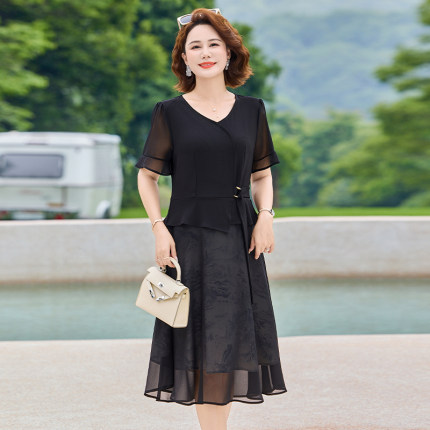 妈妈夏装V领中长款连衣裙夏季新款假两件中年女短袖洋气雪纺裙子