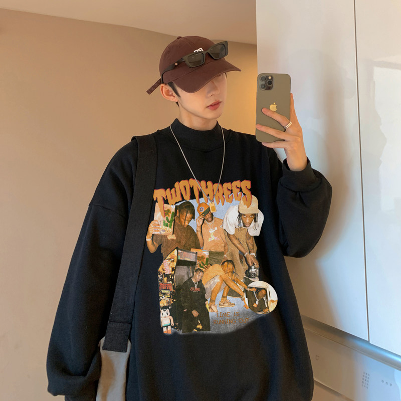 2026秋冬款欧美嘻哈黑人加绒宽松半高领卫衣A025-W971-P50控68，男装卫衣，电商A025