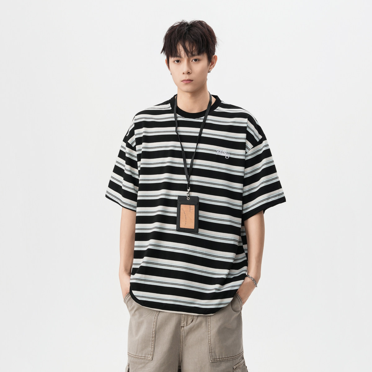 2025夏装美式撞色条纹字母刺绣短袖t恤少年感A025-DT10-P40控59,男装T恤,电商A025
