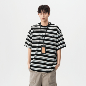 2025夏装美式撞色条纹字母刺绣短袖t恤少年感 A025-DT10-P40 控59图片