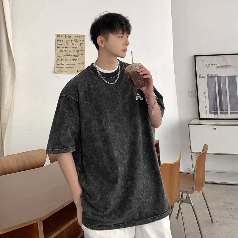 S1001A-P38控582025夏美式hiphop高街水洗做旧宽松短袖t恤,男装T恤,电商A025