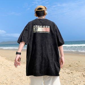 2025夏装重磅字母美式水洗做旧短袖t恤情侣 A025-S1012-P35 控48图片