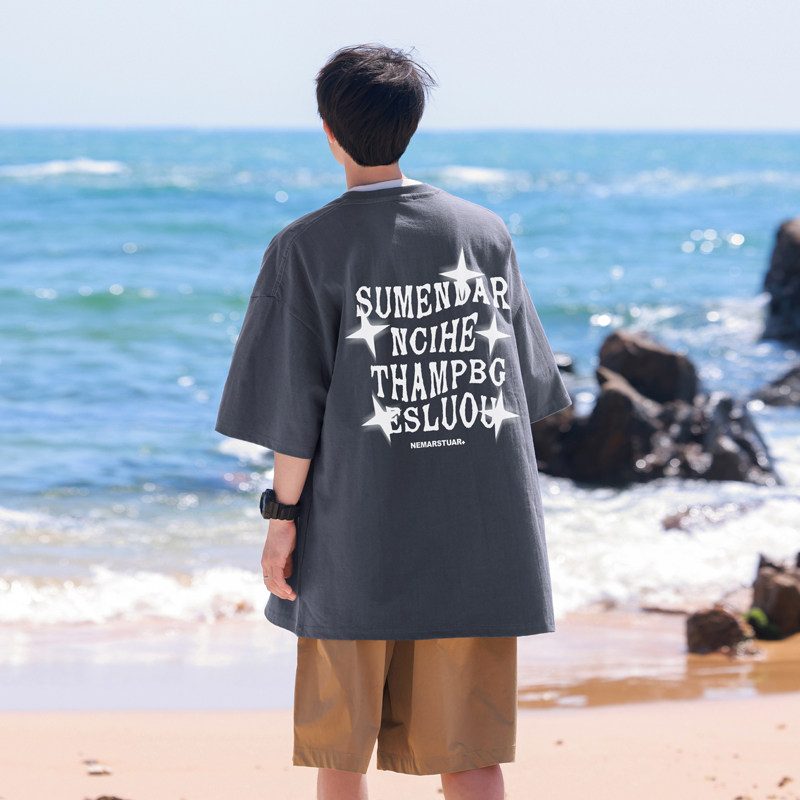 T7584B-P25控38高克重2025夏新款后背字母印花圆领短袖T恤,男装T恤,电商A025