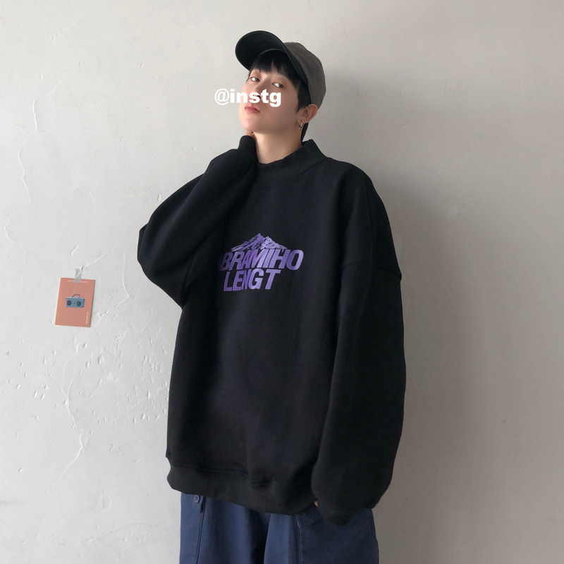 加厚抓绒版冬季字母宽松半高领加绒卫衣大码A025-W953-P58控68,男装卫衣,电商A025