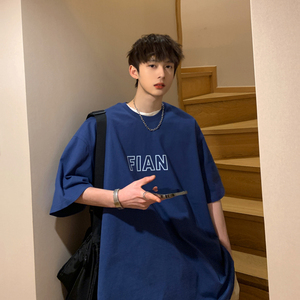 藏青色短袖T恤男夏季款潮牌潮流ins宽松7七分袖百搭美潮oversize图片