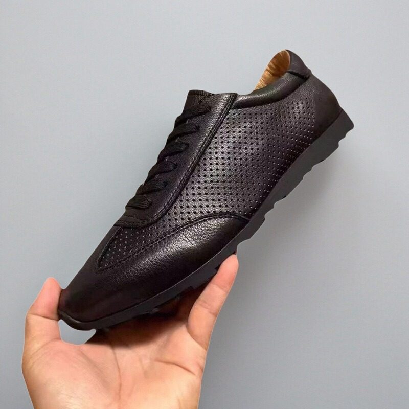 夏季新款真皮镂空板鞋男鞋散步休闲鞋透气绑带小白鞋德训鞋潮鞋子